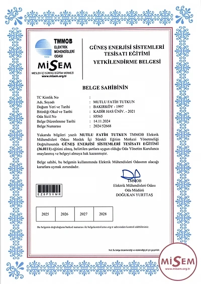 Güneş Enerjisi Sistemleri Tesisatı Eğitimi Yetkilendirme Belgesi